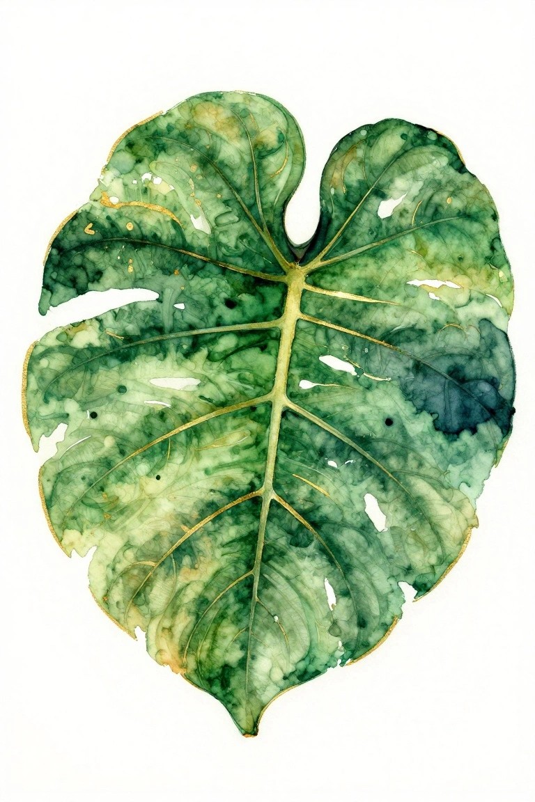 Watercolor green monstera leaf with gold veins, edges, and natural holes