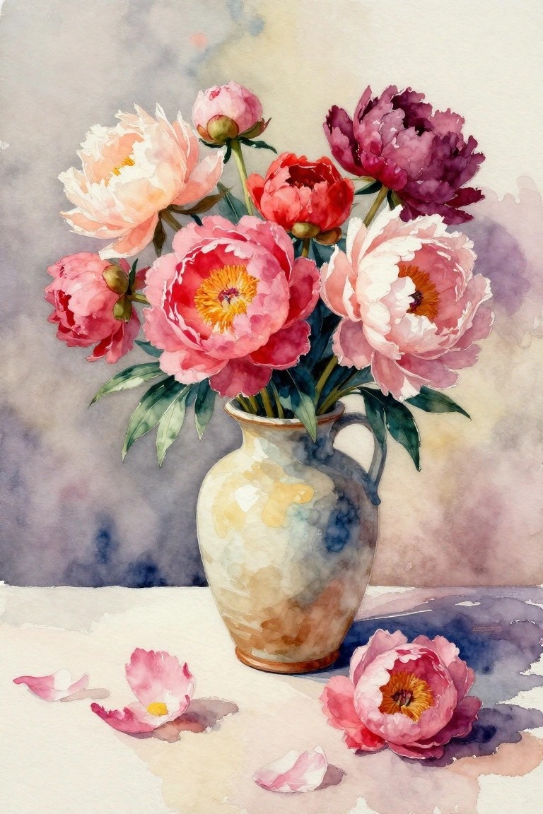 Watercolor still life of pink peonies in a ceramic vase with fallen petals.