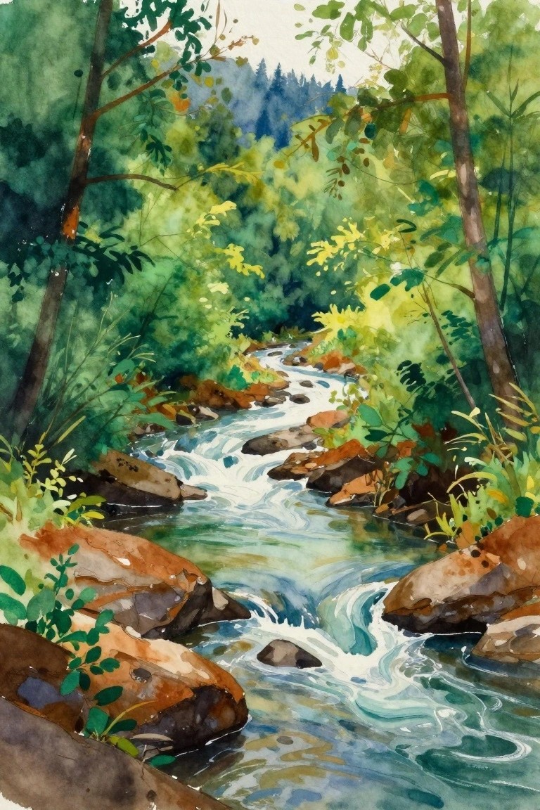 Watercolor of a rocky stream winding through lush green forest trees.