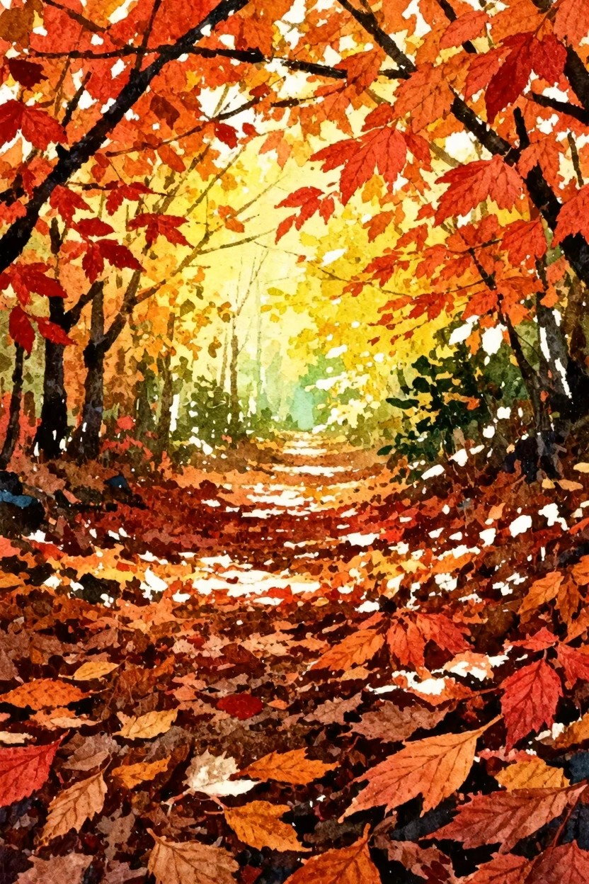 A watercolor painting of a leaf-covered path winding through a forest of red and orange autumn trees with a bright clearing in the distance.