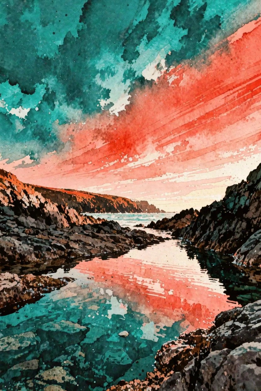Vibrant watercolor of rocky cove reflecting dramatic red and teal sunset sky.