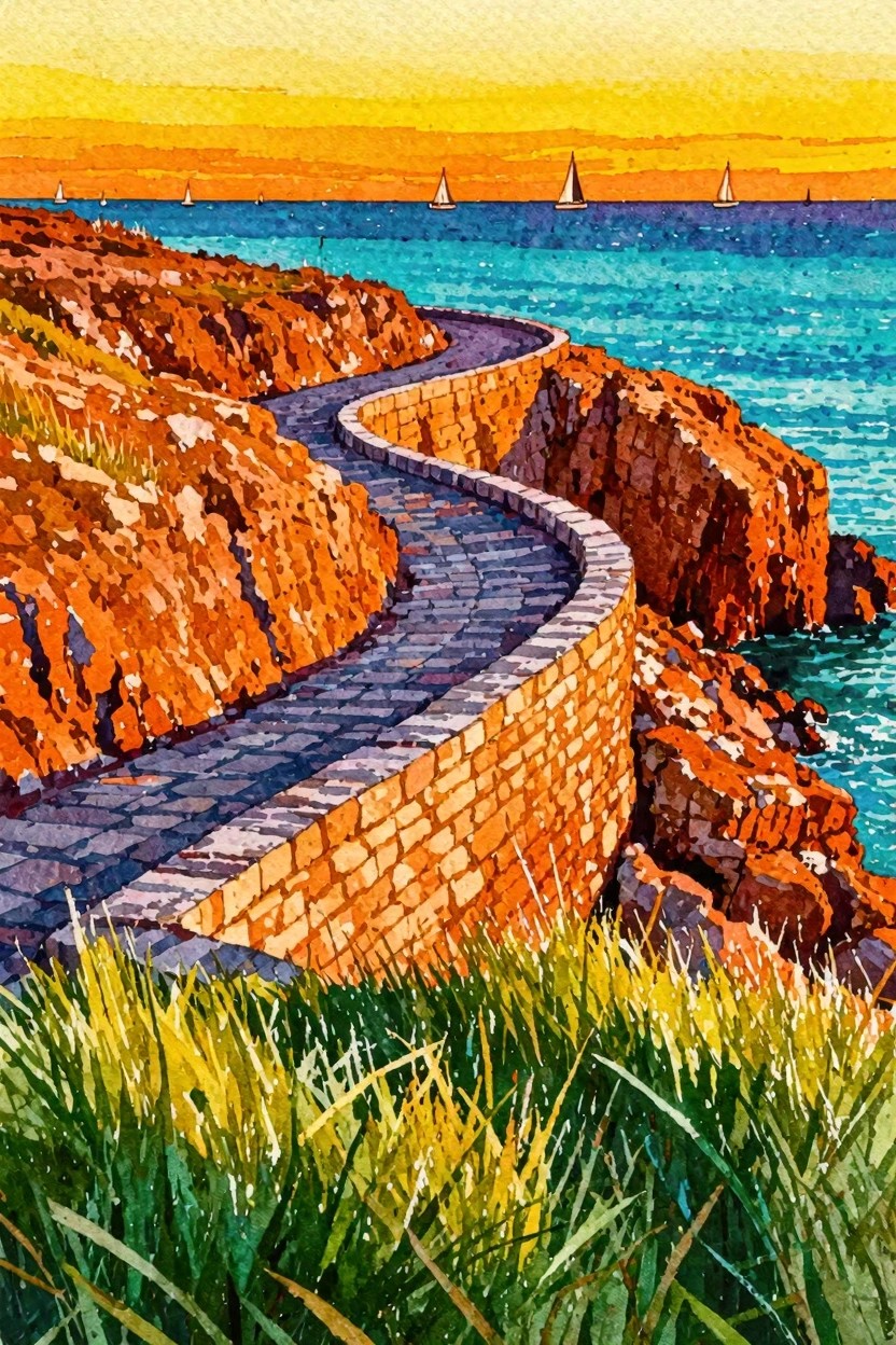 Winding stone path along orange cliffs by turquoise sea with sailboats at sunset