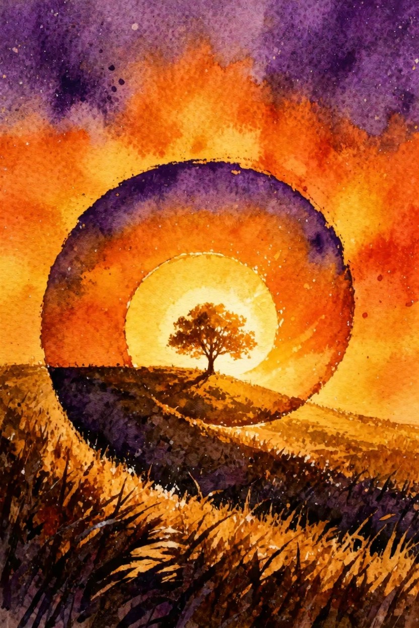 Watercolor sunset with lone tree on hill, framed by vibrant purple and orange concentric circles.