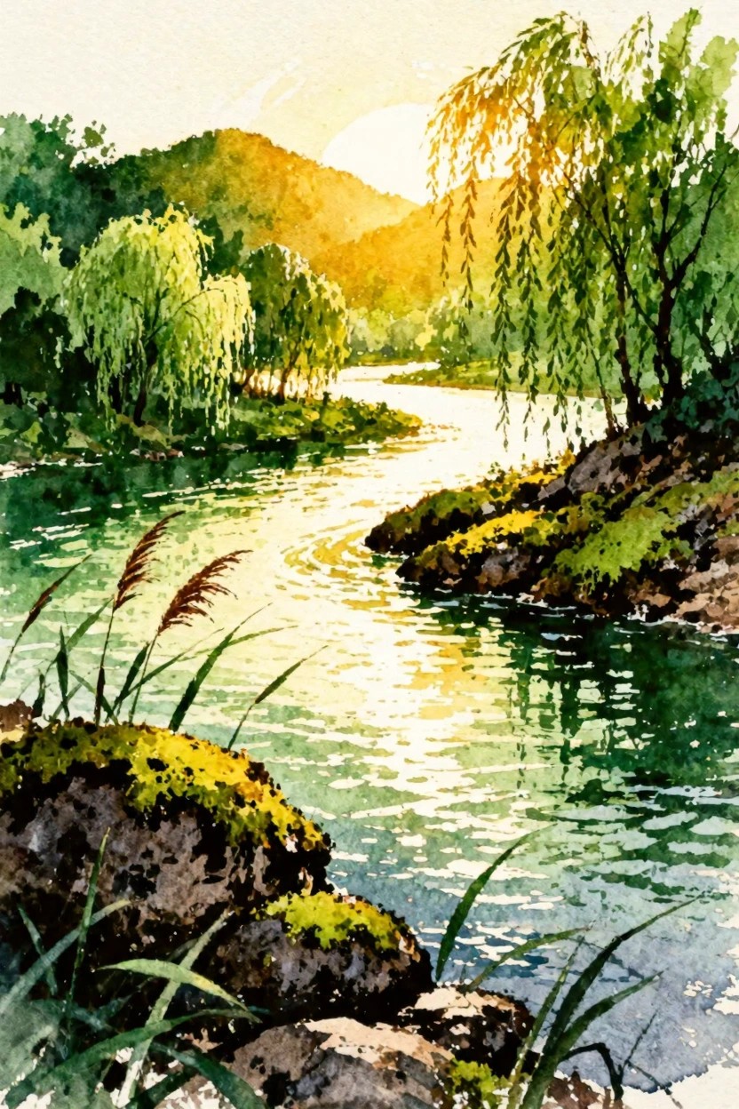 Watercolor landscape of a curving river with sunlit reflections, trees along the banks, rocky foreground, and hills in the background.