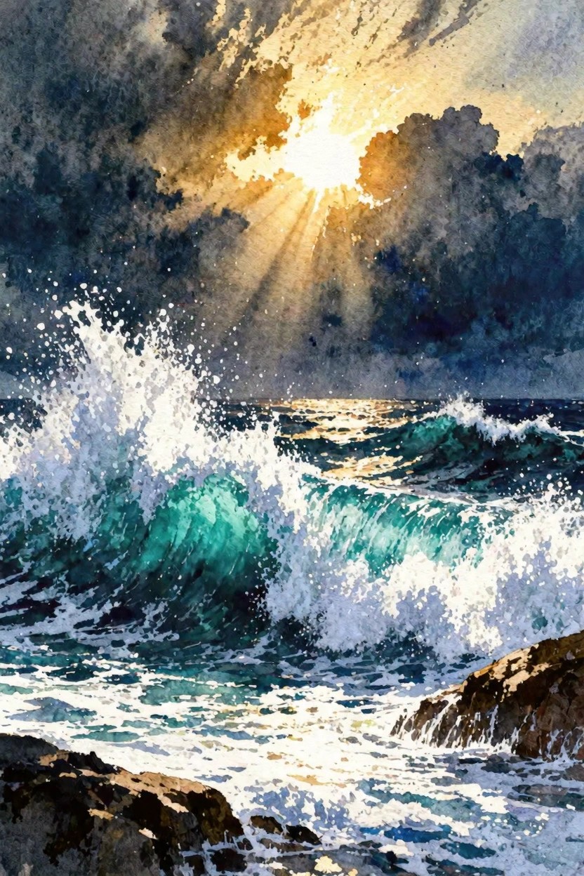 Watercolor seascape of turquoise waves crashing on rocks beneath a radiant stormy sky.