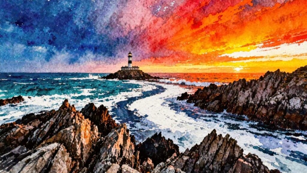 Watercolor of white lighthouse on rocky cliffs with crashing waves under vibrant sunset sky.
