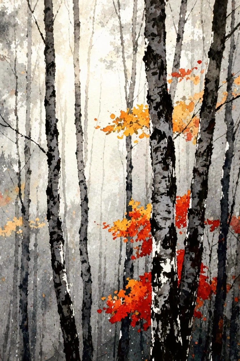 A watercolor forest scene with many tall dark tree trunks and scattered clusters of orange and red leaves against a pale background.