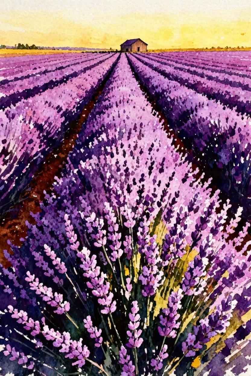 A watercolor painting of purple lavender rows leading to a wooden barn under a yellow sky.