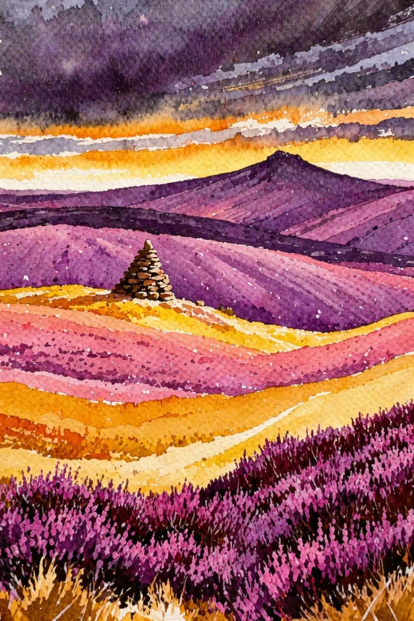 Vibrant watercolor landscape of rolling purple hills with stone cairn at sunset