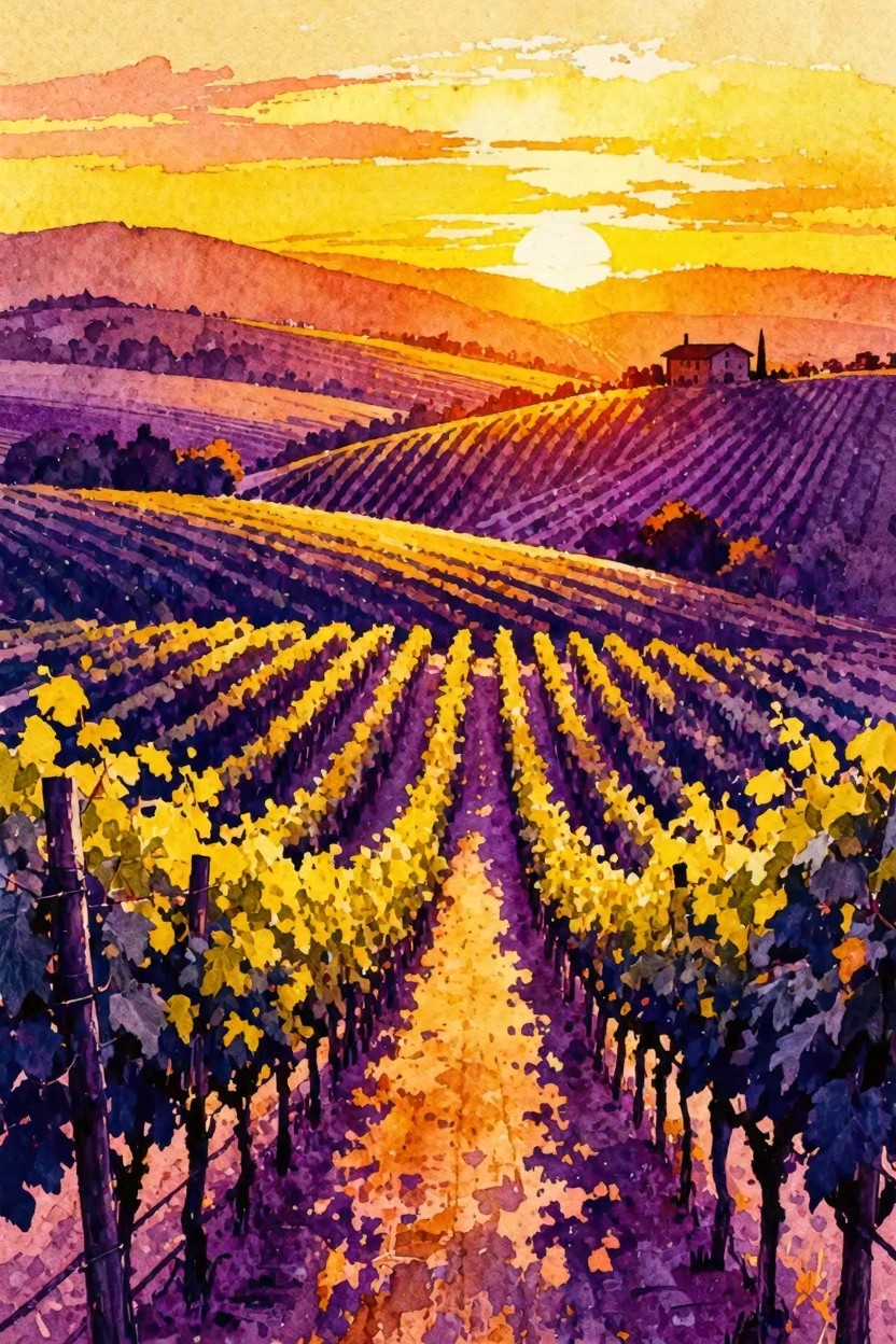 Vibrant watercolor of sunlit vineyard rows in purple and yellow at sunset.