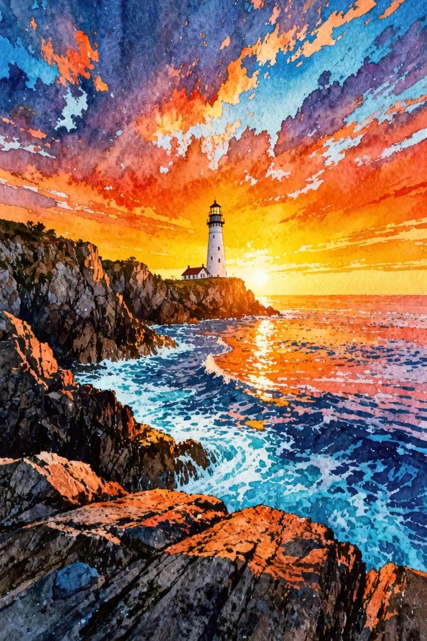 Watercolor of white lighthouse on rocky cliffs with crashing waves under vibrant sunset sky.
