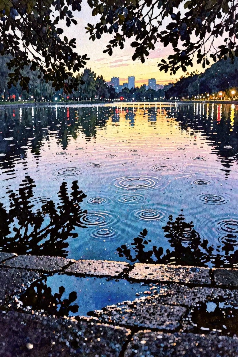 A watercolor painting of a pond with rain ripples at sunset, reflecting city lights, framed by trees and a wet stone path in the foreground.