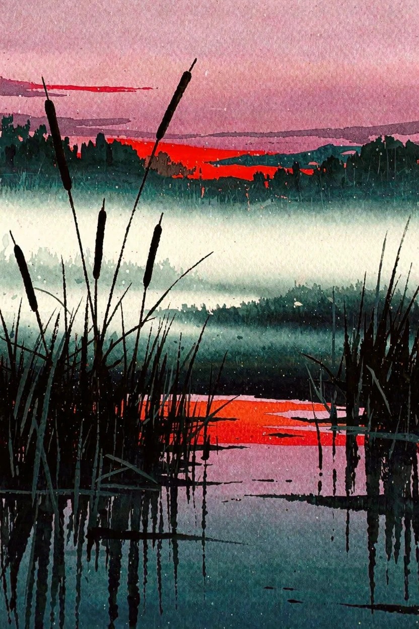 Silhouetted cattails frame misty pond reflecting vibrant red sunset sky.