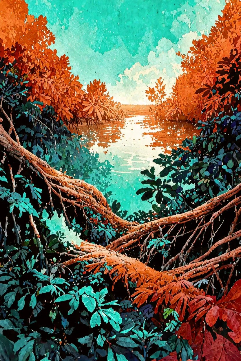 Vibrant jungle river winding through twisted branches and orange-teal foliage under turquoise sky