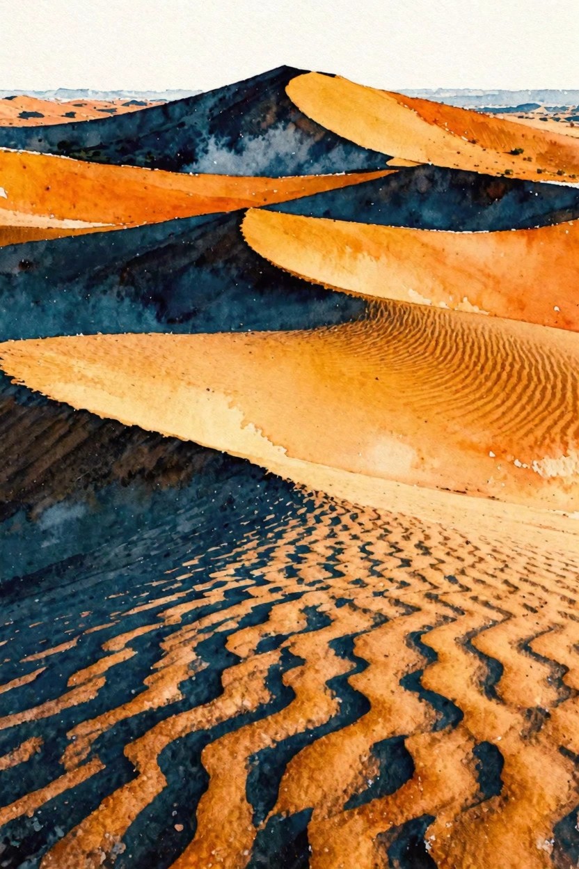 A painting of orange sand dunes with dark blue shadows and rippled sand textures in the foreground.