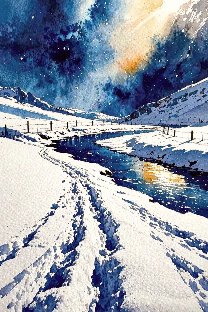 Watercolor of snowy path with footprints along a river under starry night sky