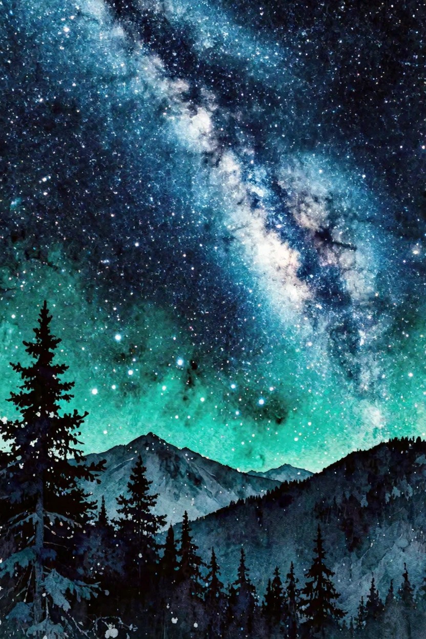 Starry Milky Way in teal and blue over silhouetted pine trees and mountains