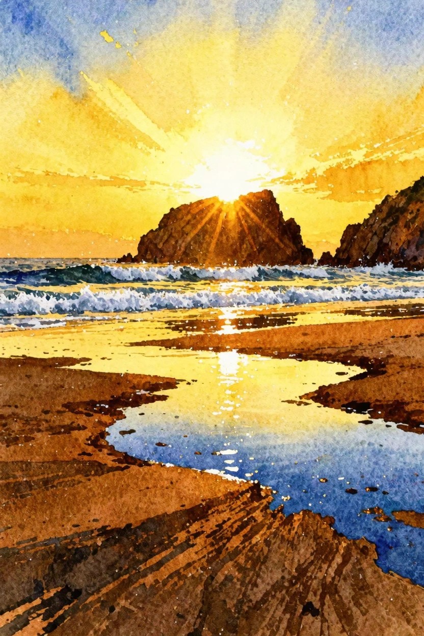 A watercolor painting of a beach at sunset with the sun behind a large rock, waves crashing, and reflections on wet sand.