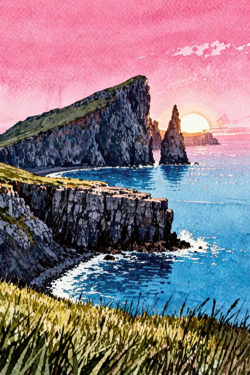Watercolor seascape of rocky cliffs by blue sea under pink sunset sky