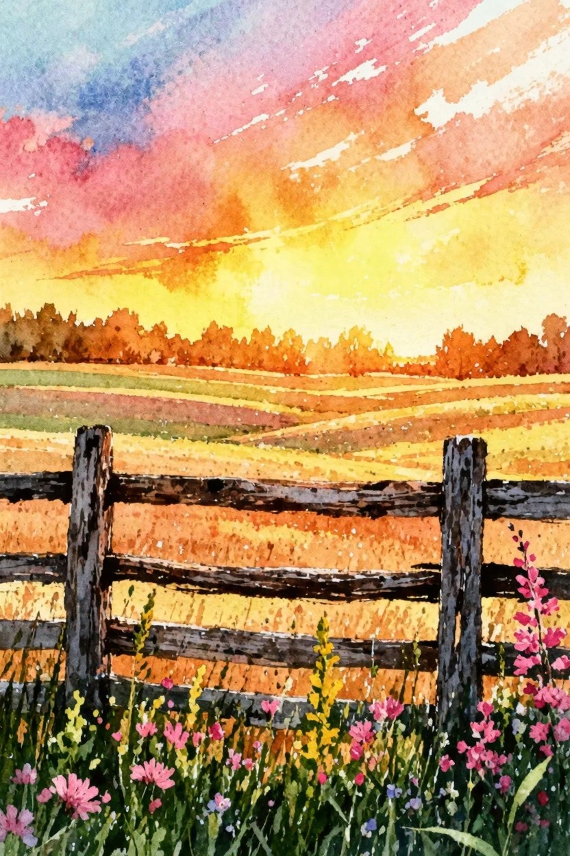 Watercolor painting of a wooden fence with pink and yellow flowers in front of rolling fields under a colorful sunset sky.