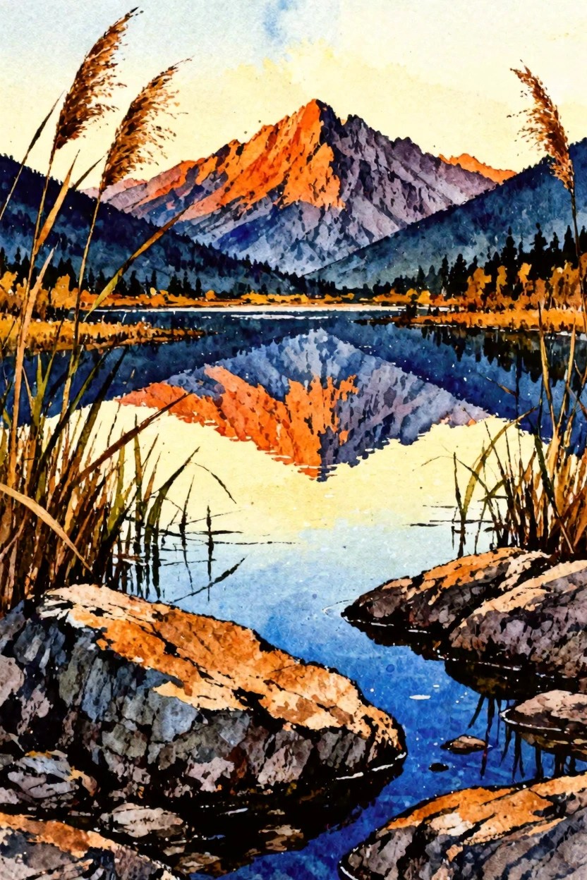 Watercolor landscape of mountains reflected in a lake with reeds and rocks at sunset.