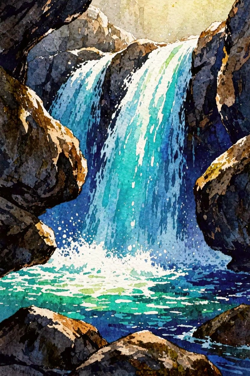 A watercolor painting of a turquoise waterfall cascading between dark rocky cliffs into a foaming pool below.