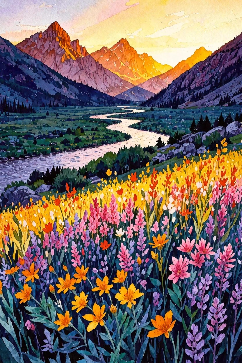 Vibrant watercolor wildflowers overlooking winding river and sunset mountains