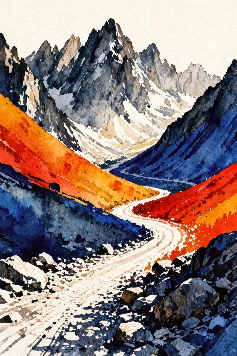 Watercolor of winding road through vibrant orange-red mountains with snowy jagged peaks