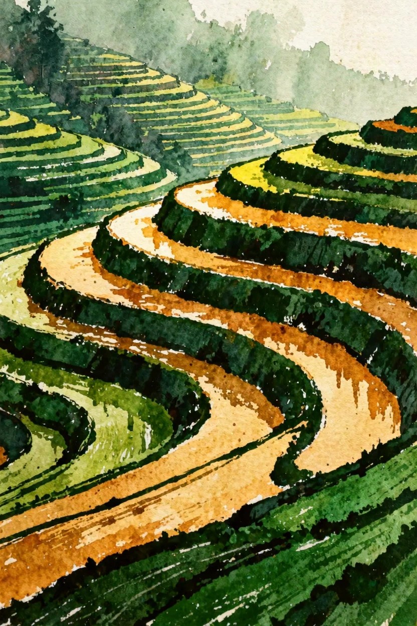 Watercolor of winding terraced hills in layered greens, yellows, and browns.