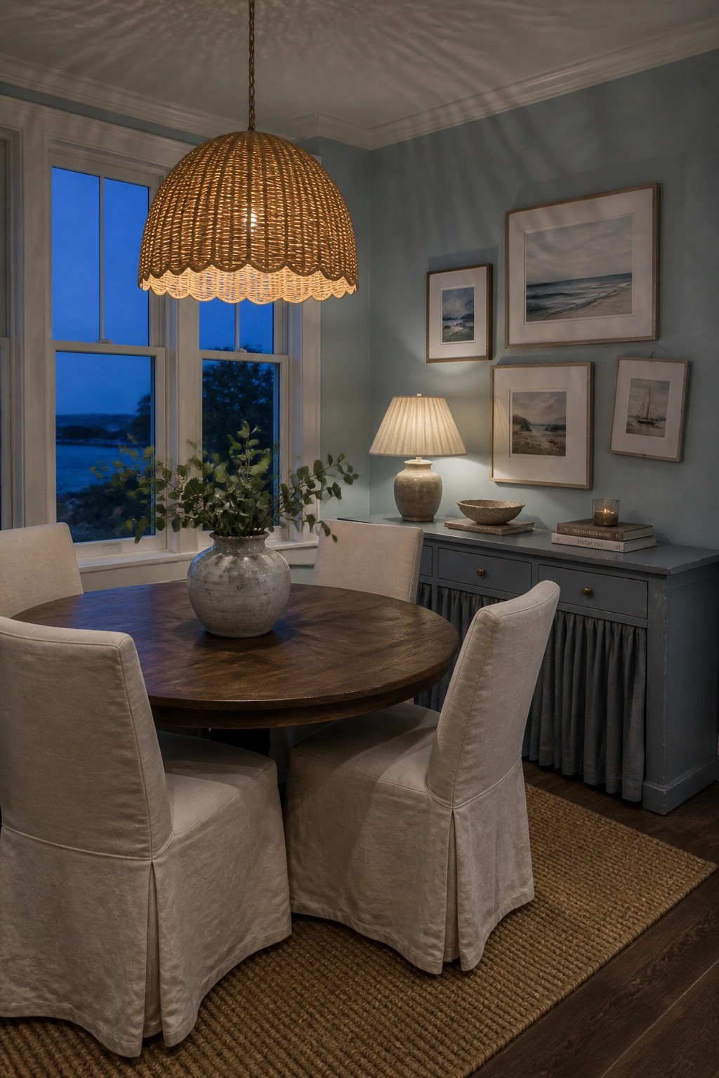 Light blue gray walls in a dining room with a round wooden table and chairs.