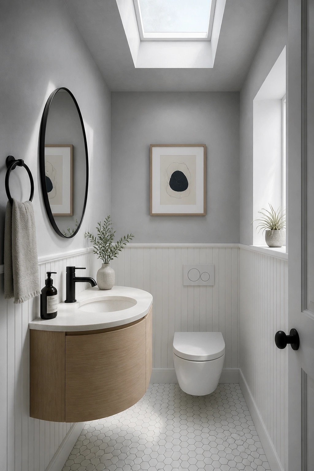 A small bathroom with light gray walls above white beadboard.