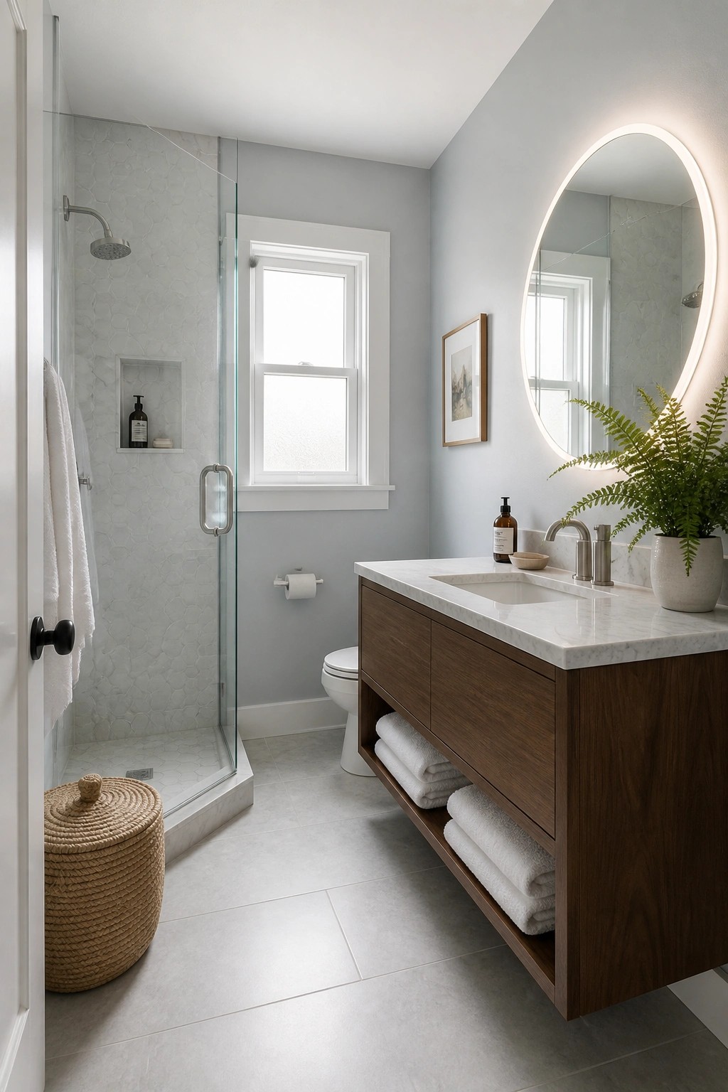 A small bathroom painted in soft blue gray with white trim and wood vanity.