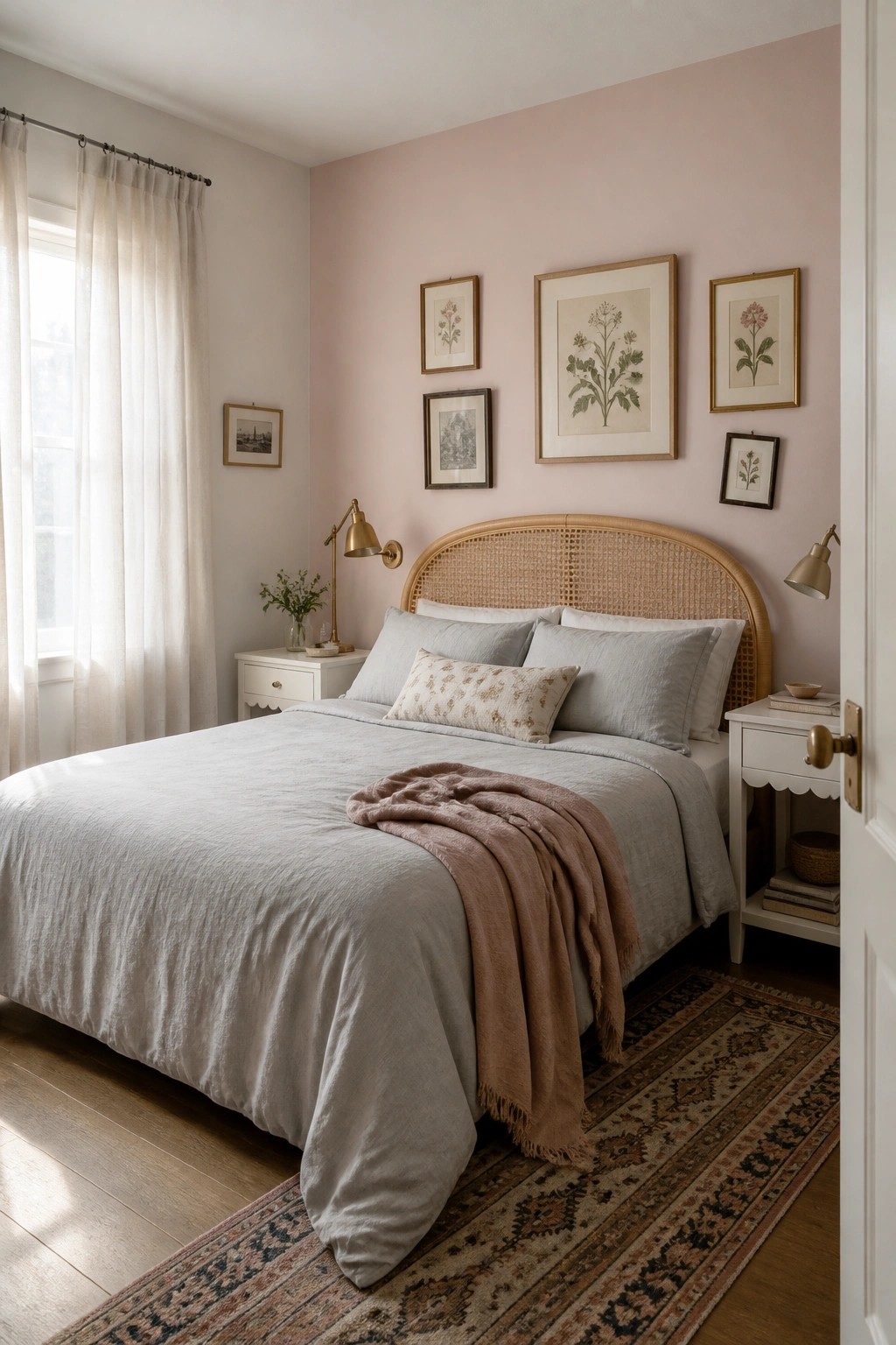 A bedroom painted in soft blush pink with a rattan headboard.