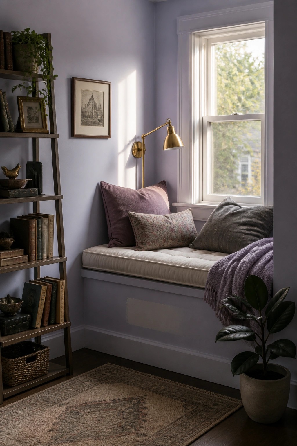 Light lavender walls with white trim in a small room with a window seat.