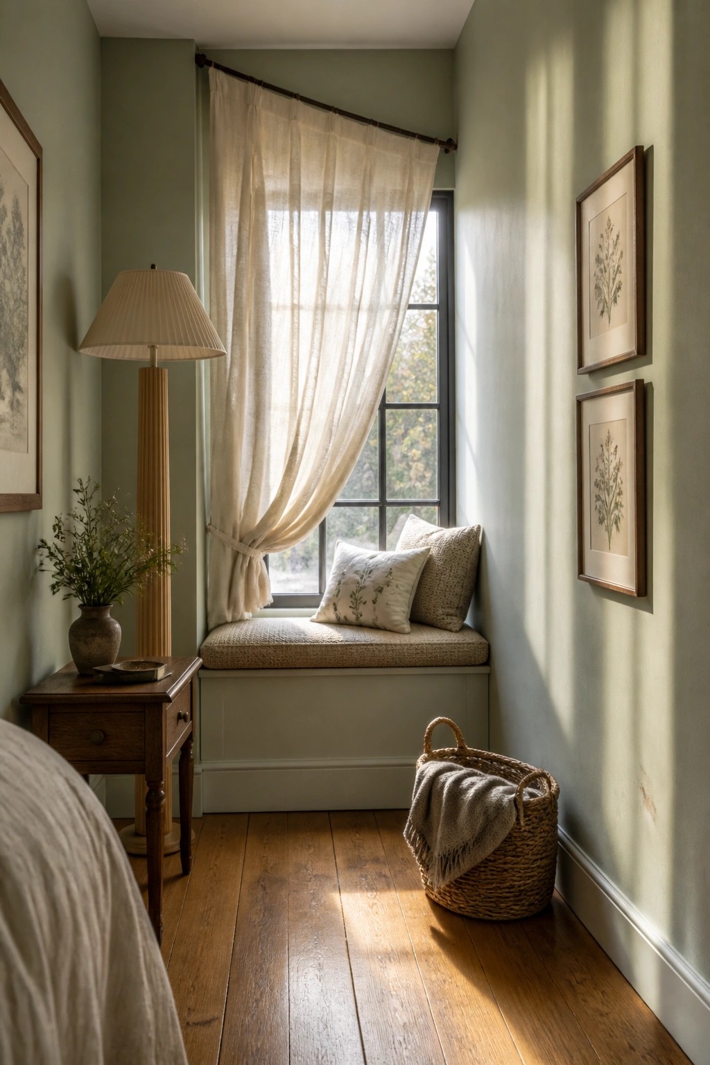 A small bedroom corner with soft sage green walls and a window seat.