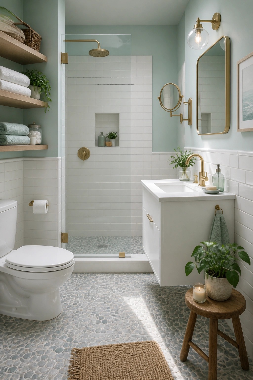 Bathroom walls painted a soft light sage green.