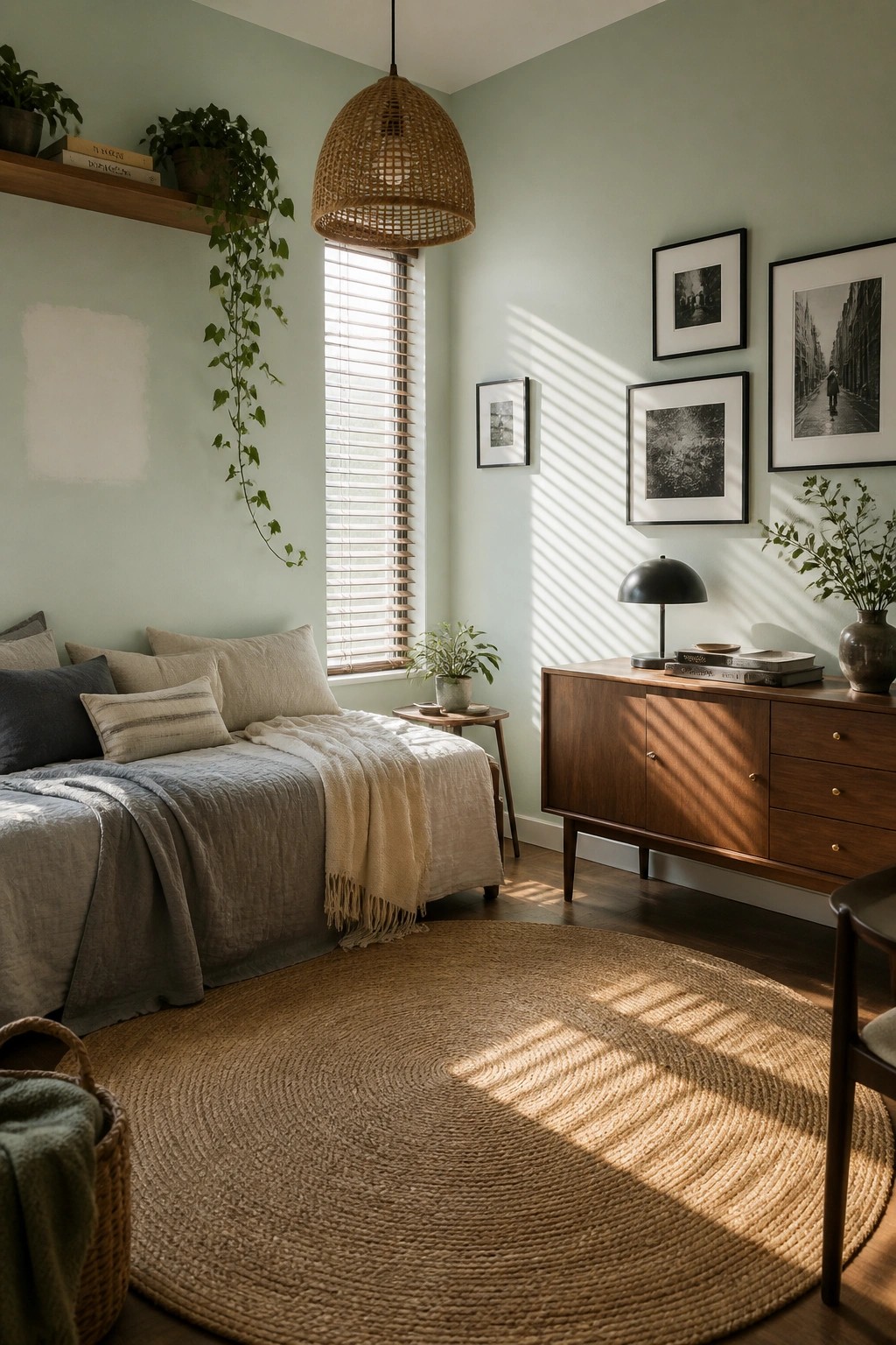 A bedroom with soft sage green walls and wooden furniture.