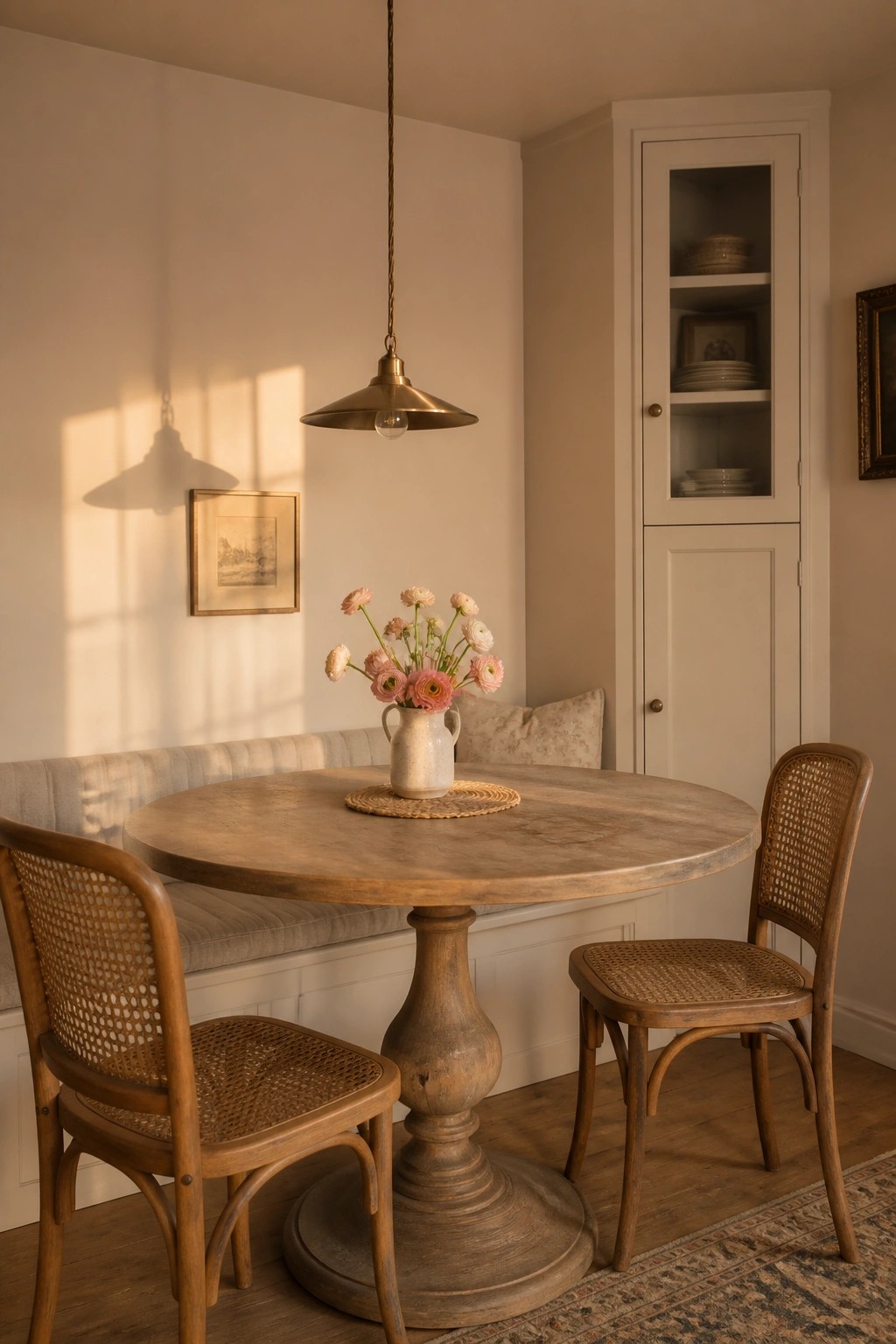 Round wooden table with pink flowers, cane chairs, pendant light in sunlit nook