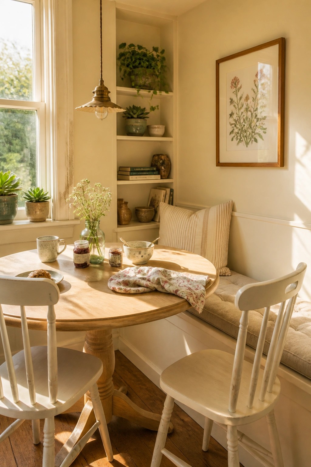 Light warm off-white walls in a small breakfast nook with built-in shelves.