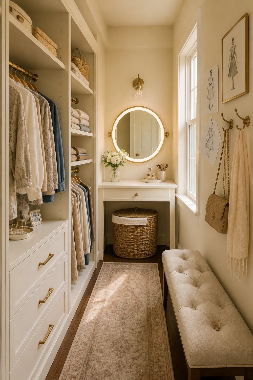 A narrow walk-in closet with warm off white walls and built-in cabinetry.