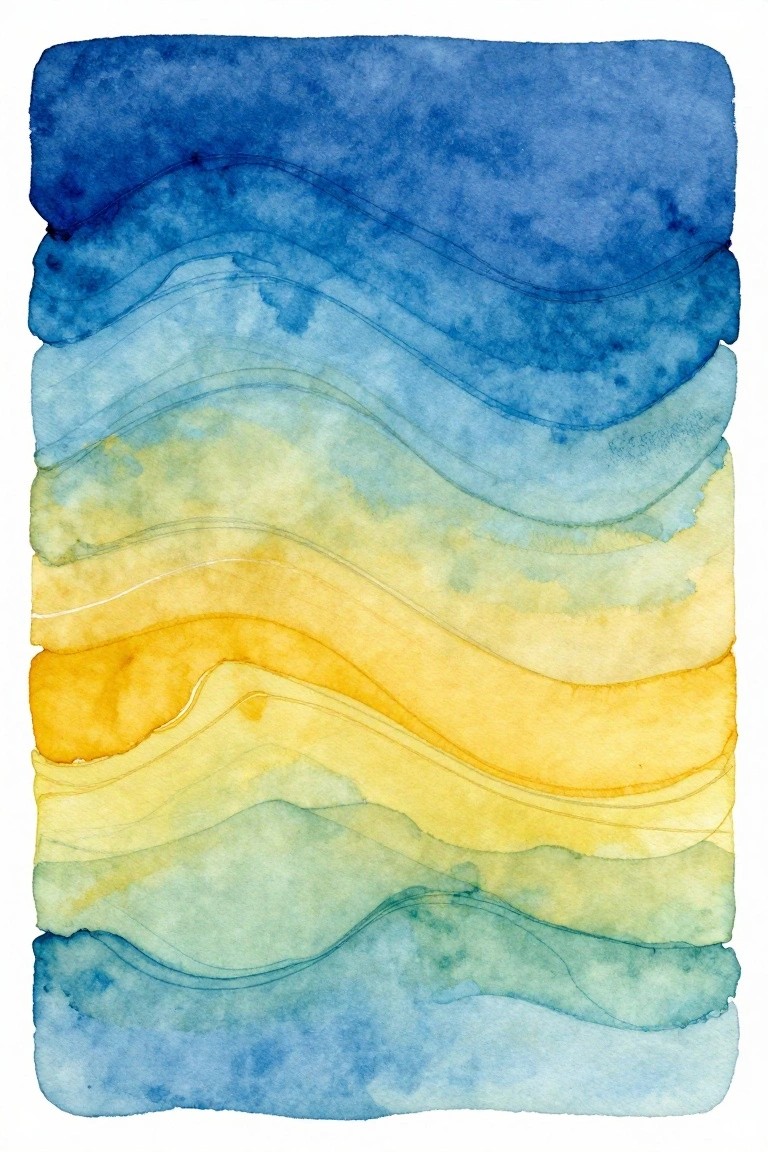Watercolor painting with horizontal wavy bands blending blue, green, yellow, and orange tones.