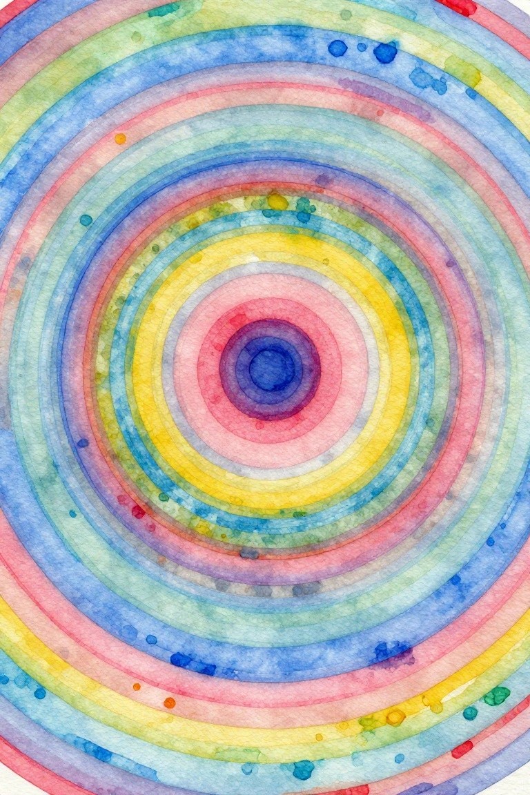 Concentric rainbow watercolor circles with blue center and scattered paint splatters