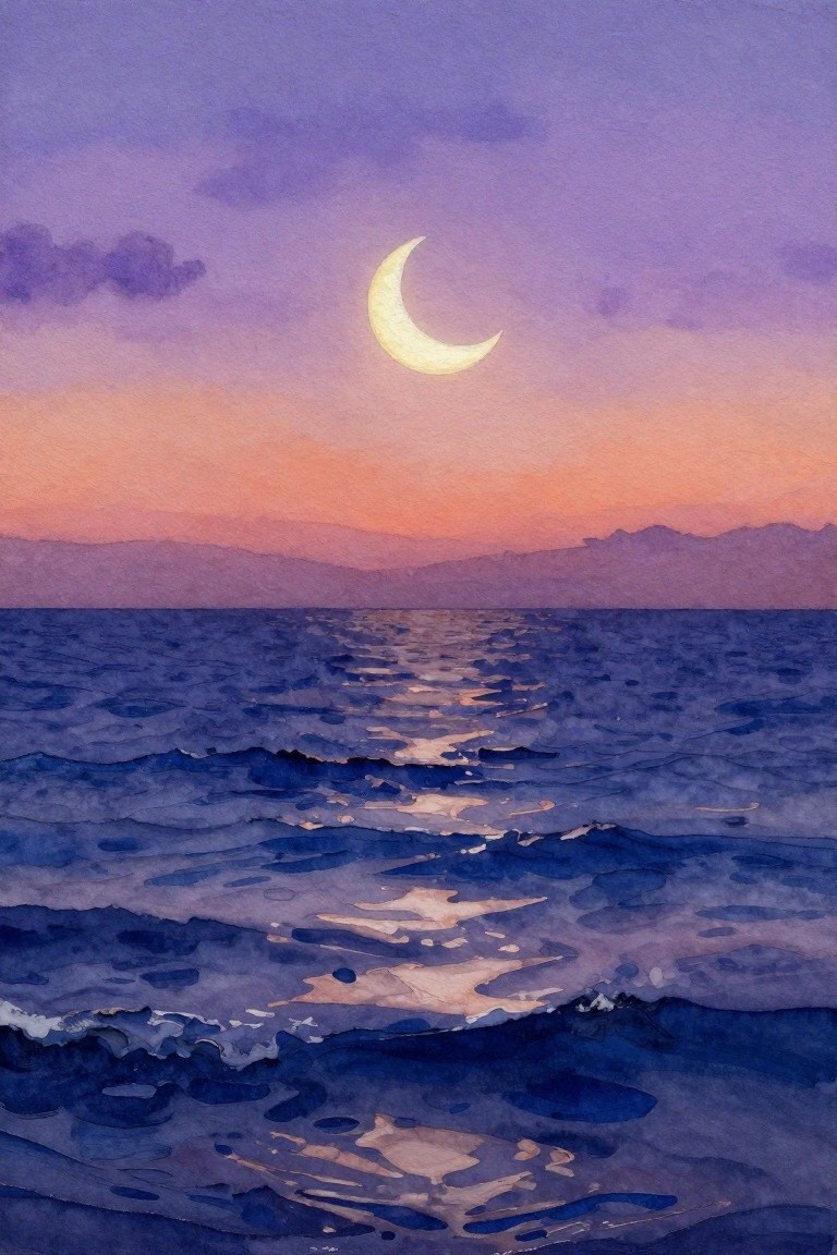 A watercolor painting of a crescent moon in a purple and orange sky above dark blue ocean waves with distant mountains.