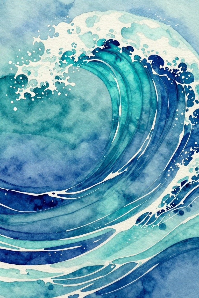 Watercolor painting of a curling blue ocean wave with white foam and splashes