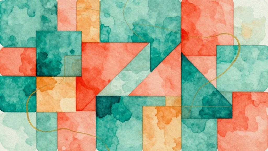 A watercolor painting of overlapping geometric rectangles and angled shapes in teal, coral, orange, and muted tones with thin gold lines.