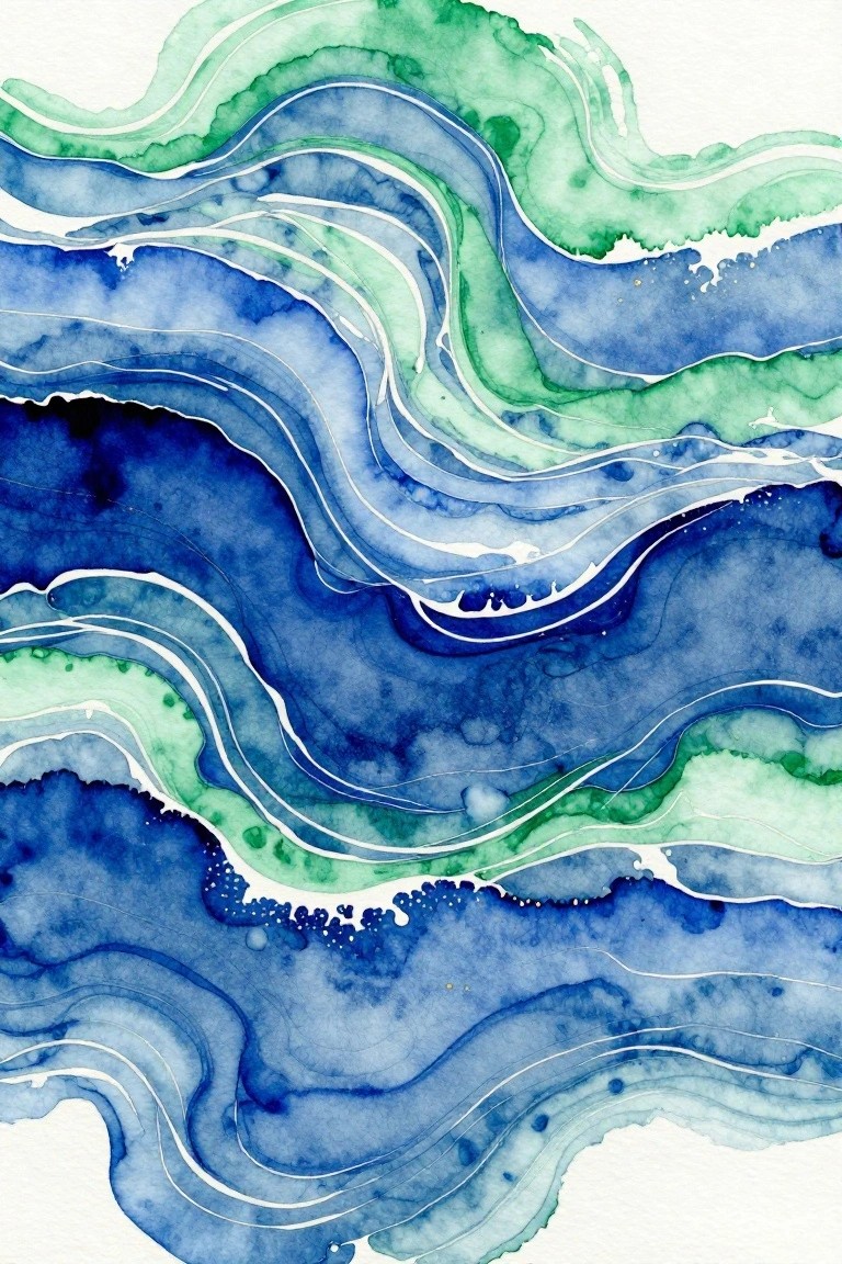 Abstract blue-green watercolor waves with flowing white lines and splatters