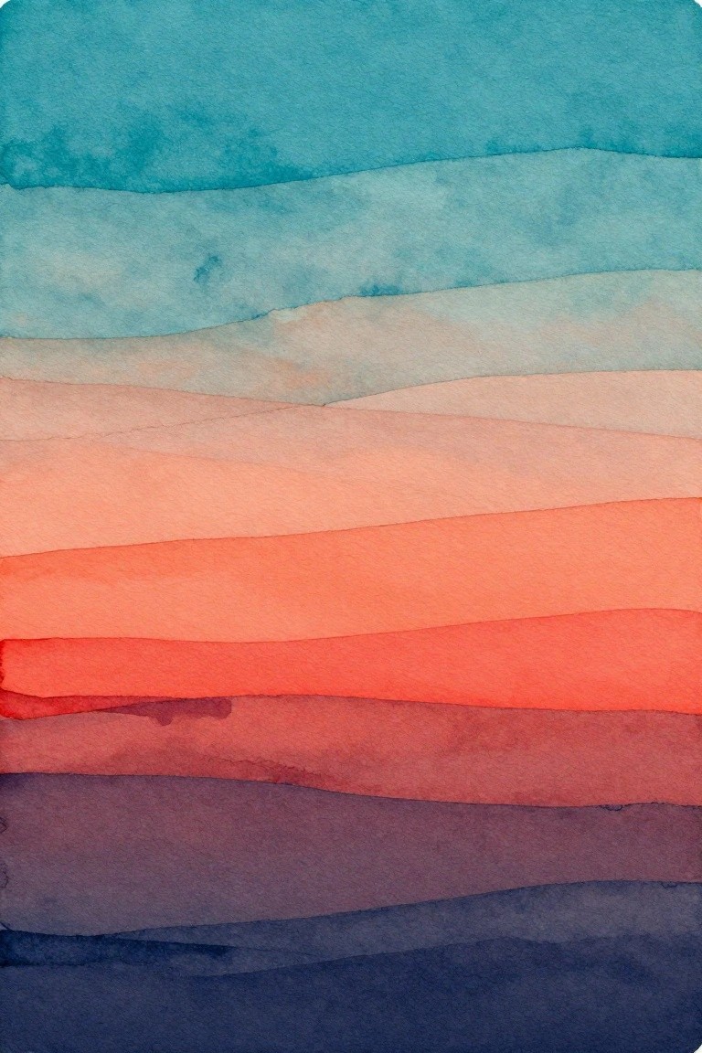 Watercolor abstract with wavy horizontal bands blending blue, orange, and purple hues.
