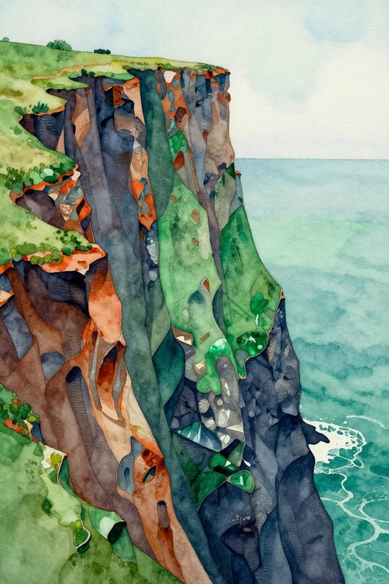 Watercolor of colorful layered cliff with green vegetation beside turquoise sea