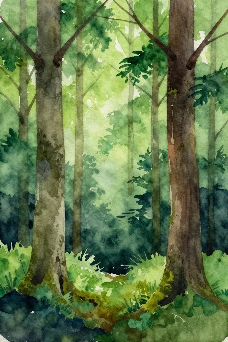 Watercolor forest scene with tall trunks, lush green foliage, and misty light.
