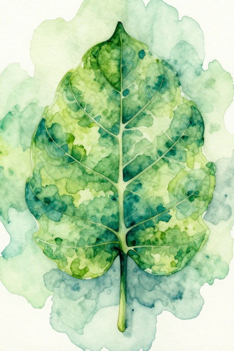 Watercolor green leaf with intricate veins and stem on soft background washes
